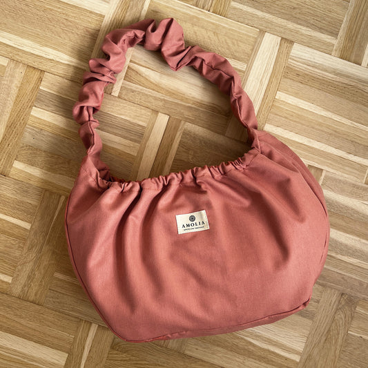 Upcycled ruffle handbag, coral
