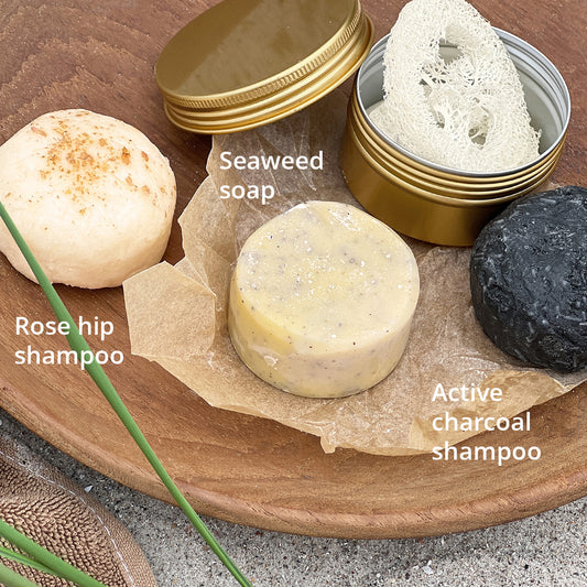 Aluminium bøtte til sæbe/shampoo bar + loofah