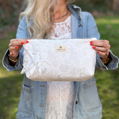 Upcycled toiletry bag, lace
