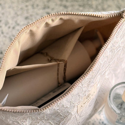 Upcycled toiletry bag, lace