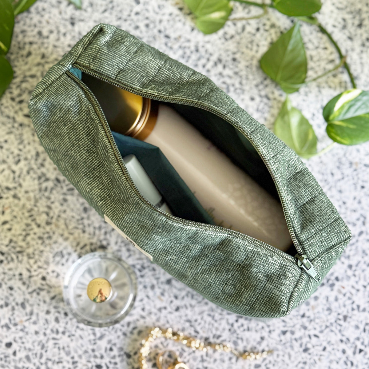 Upcycled toiletry bag, small, forest green, Saga