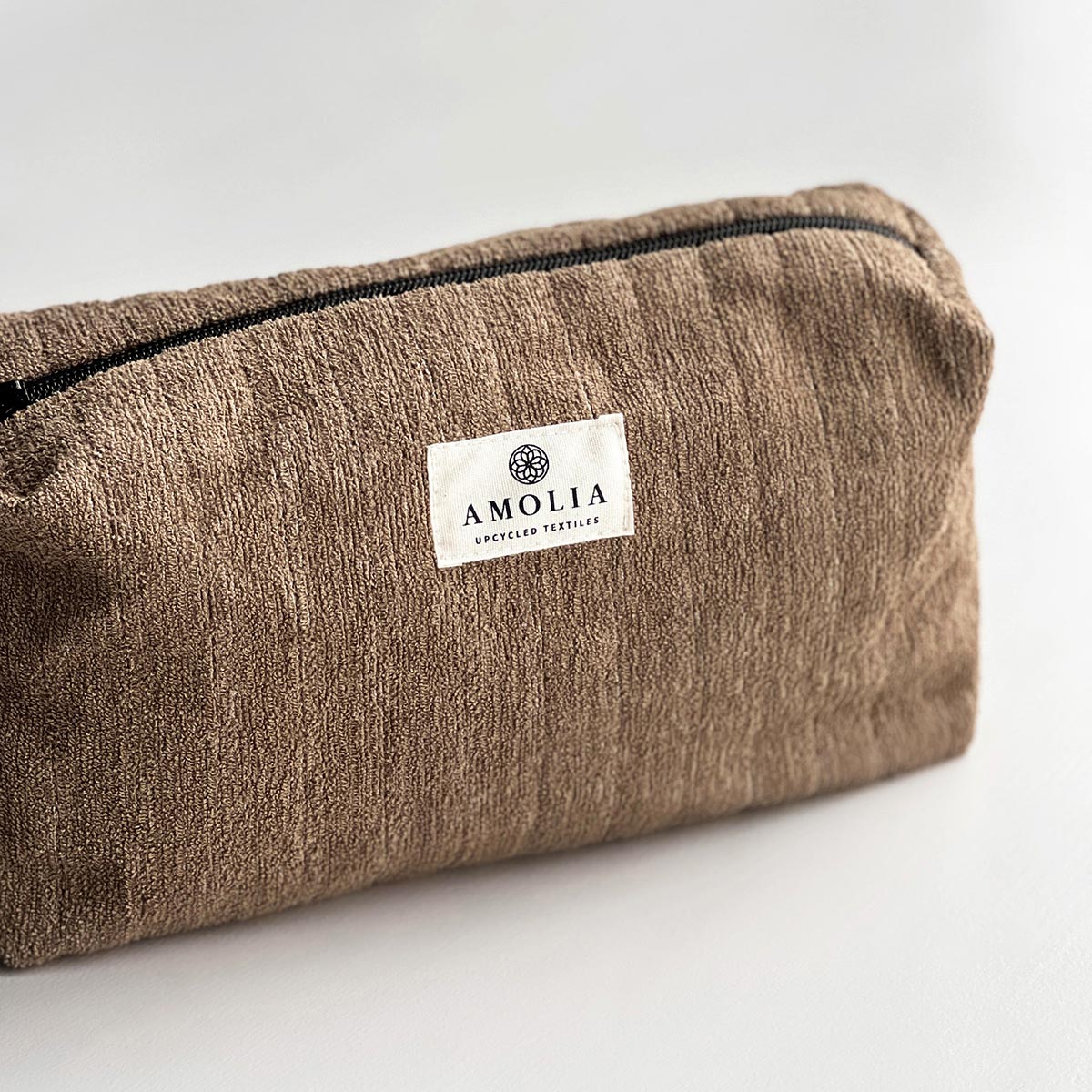Upcycled toiletry bag, small, camel brown