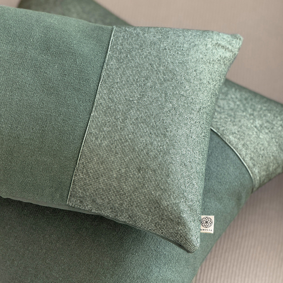 Set of two upcycled cushions, 50x50cm and 30x50cm, feather inners included