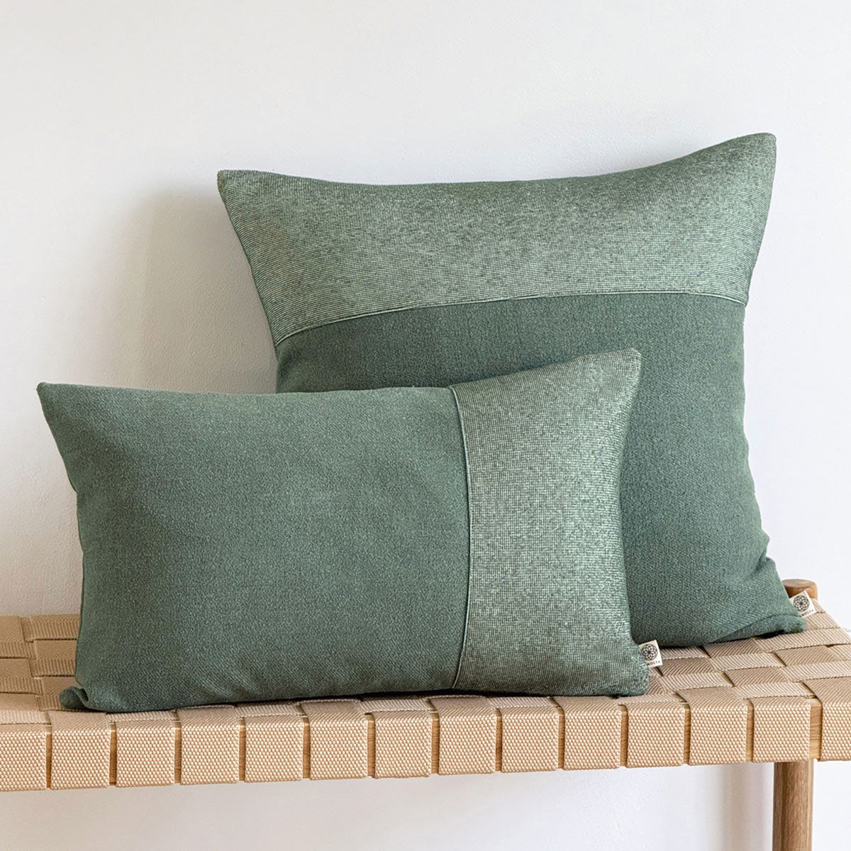 Set of two upcycled cushions, 50x50cm and 30x50cm, feather inners included