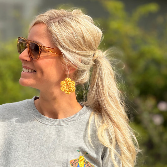 Upcycled yarn earrings, Flower, yellow