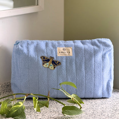 Upcycled toiletry bag, large, light blue with butterfly - limited edition