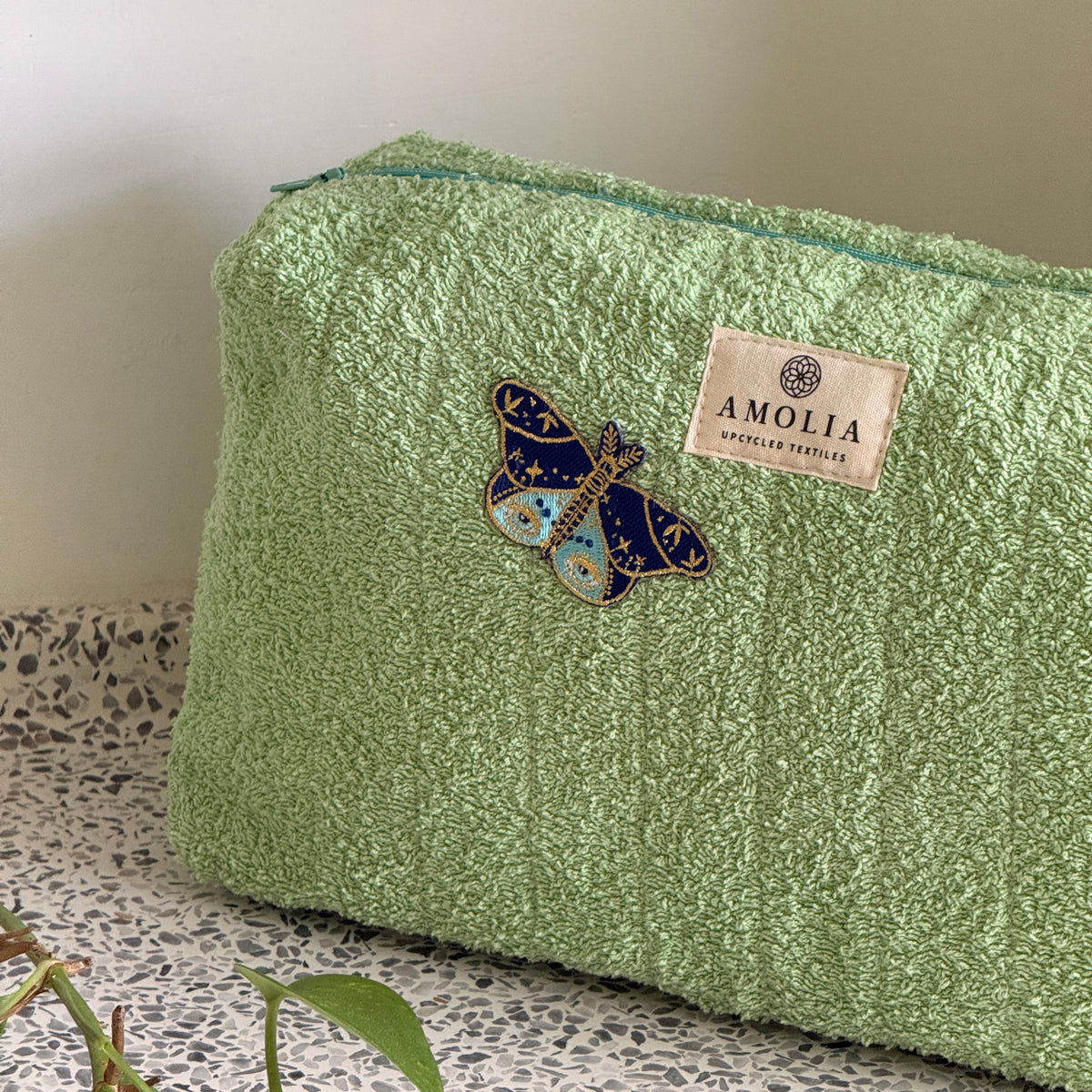 Upcycled toiletry bag, large, green with butterfly - limited edition