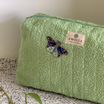Upcycled toiletry bag, large, green with butterfly - limited edition
