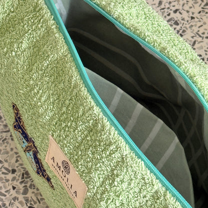 Upcycled toiletry bag, large, green with butterfly - limited edition