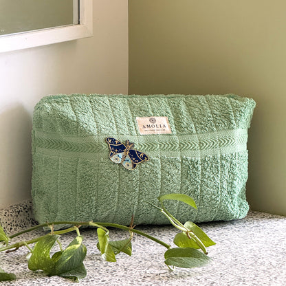 Upcycled toiletry bag, large, light green with butterfly - limited edition