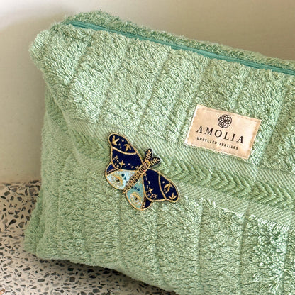 Upcycled toiletry bag, large, light green with butterfly - limited edition