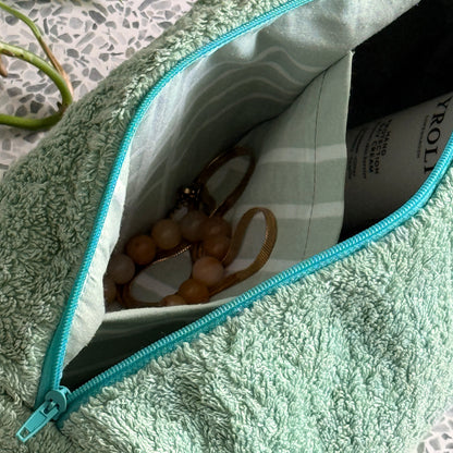 Upcycled toiletry bag, large, light green with butterfly - limited edition
