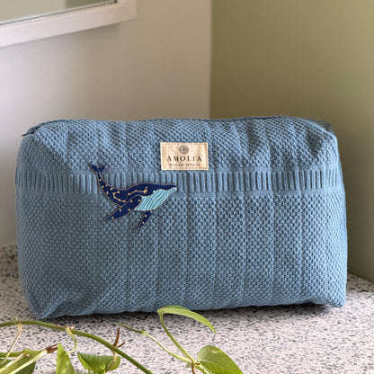 Upcycled toiletry bag, large, blue with whale - limited edition