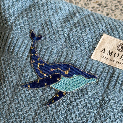 Upcycled toiletry bag, large, blue with whale - limited edition