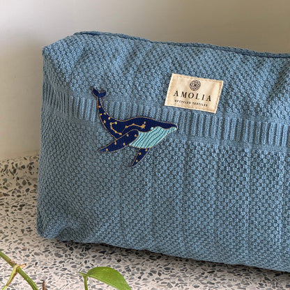 Upcycled toiletry bag, large, blue with whale - limited edition