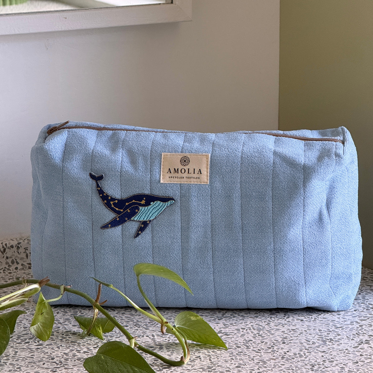 Upcycled toiletry bag, large, light blue with whale - limited edition