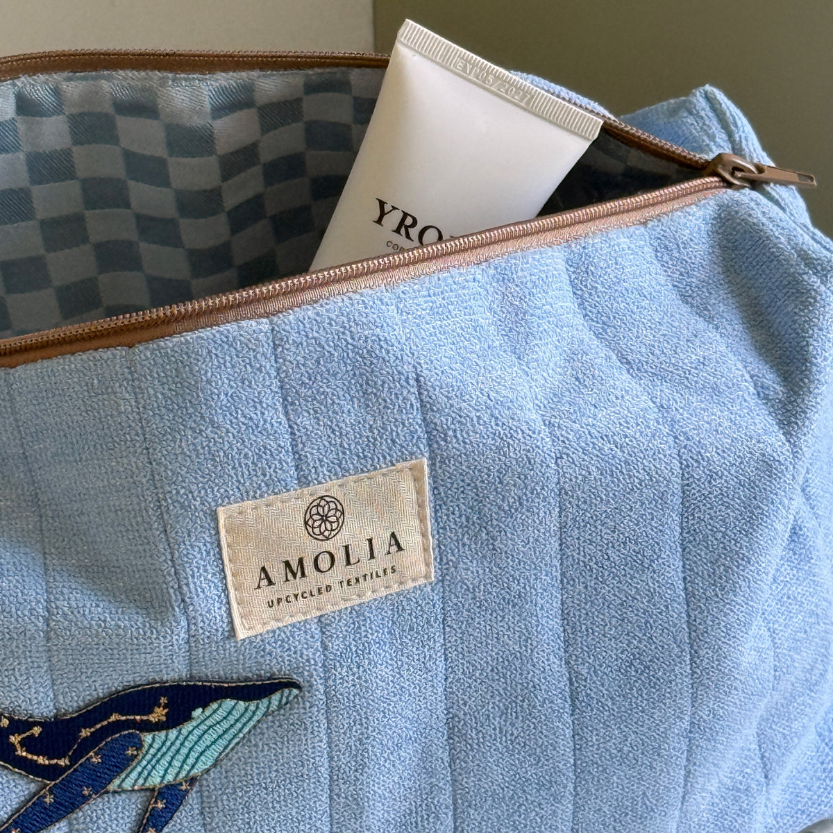 Upcycled toiletry bag, large, light blue with whale - limited edition