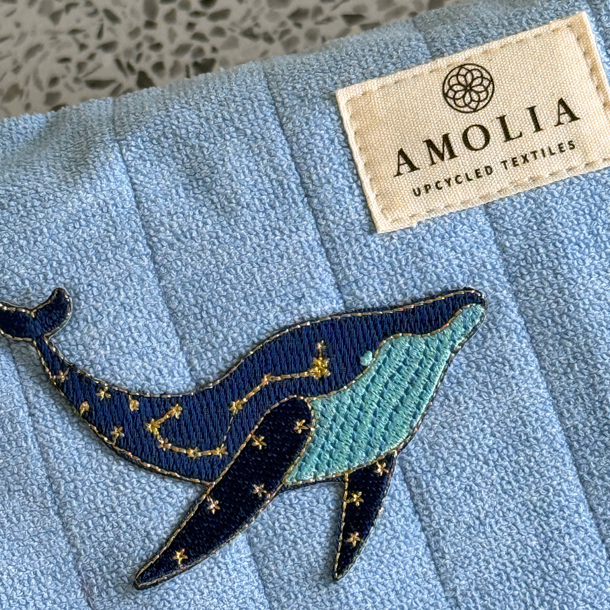 Upcycled toiletry bag, large, light blue with whale - limited edition