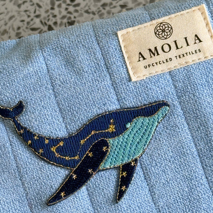 Upcycled toiletry bag, large, light blue with whale - limited edition