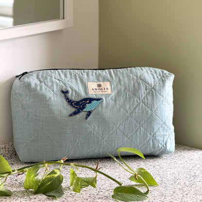 Upcycled toiletry bag, large, teal with whale - limited edition