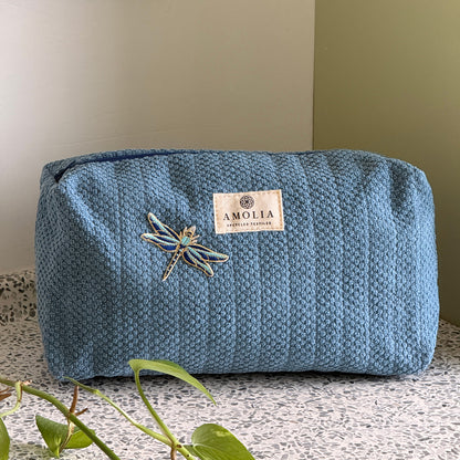 Upcycled toiletry bag, small, blue with dragonfly - limited edition