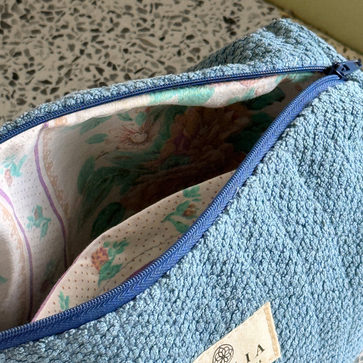 Upcycled toiletry bag, small, blue with dragonfly - limited edition