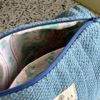 Upcycled toiletry bag, small, blue with dragonfly - limited edition