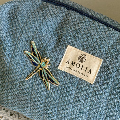 Upcycled toiletry bag, small, blue with dragonfly - limited edition