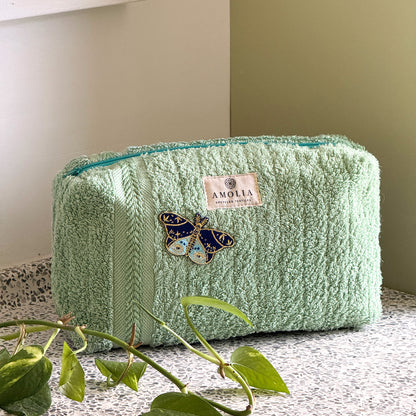 Upcycled toiletry bag, small, light green with butterfly - limited edition