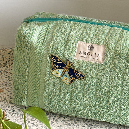 Upcycled toiletry bag, small, light green with butterfly - limited edition