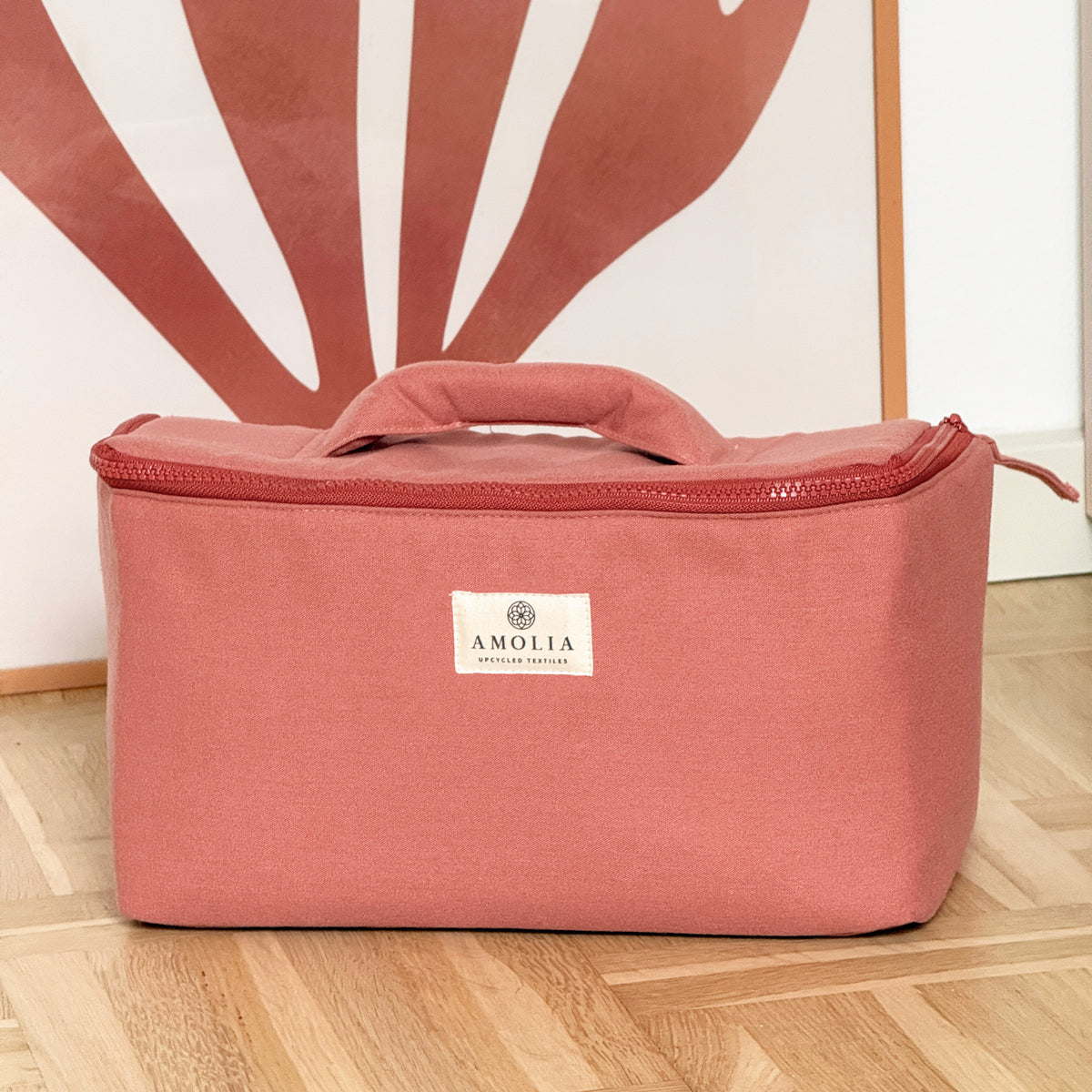 Upcycled knitting / sewing bag, small, coral
