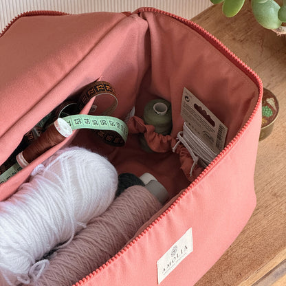 Upcycled knitting / sewing bag, small, coral