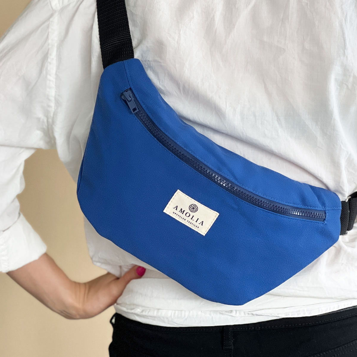 Upcycled shoulder bag, small, blue