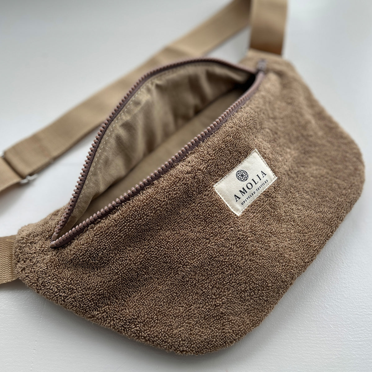 Upcycled shoulder bag, small, camel brown