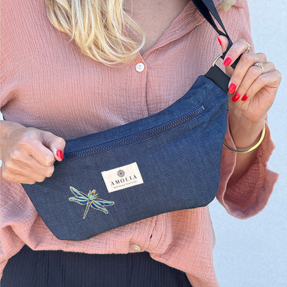 Upcycled skuldertaske, lille, denim med guldsmed - unik udgave