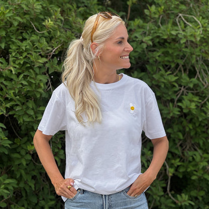 Upcycled t-shirt, medium, white with flower