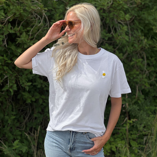 Upcycled t-shirt, medium, white with flower