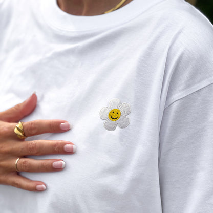 Upcycled t-shirt, medium, white with flower