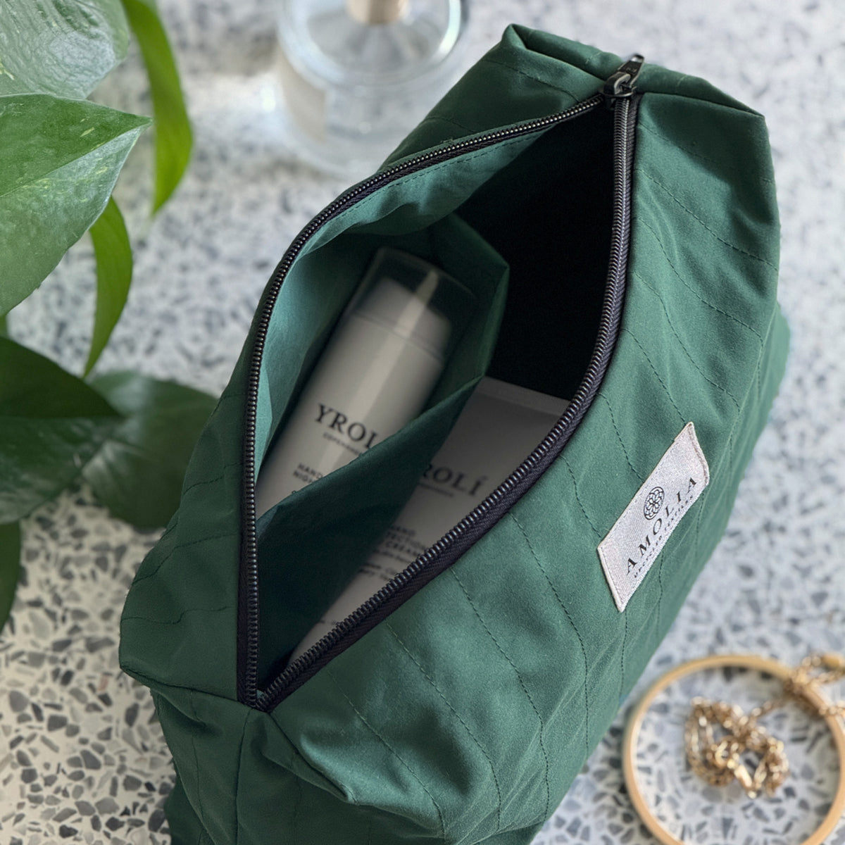 Upcycled toiletry bag, small, forest green, Scrubs