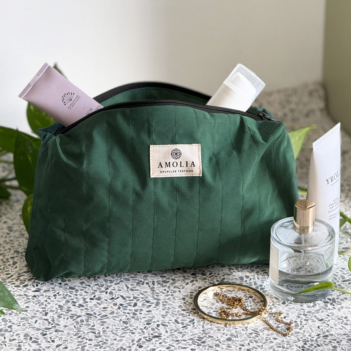 Upcycled toiletry bag, small, forest green, Scrubs