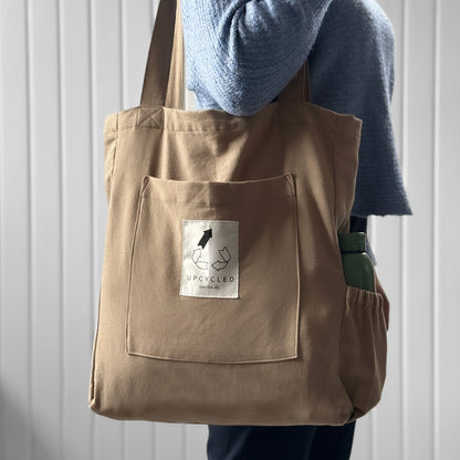 Upcycledp tote bag with bottle holder, brown