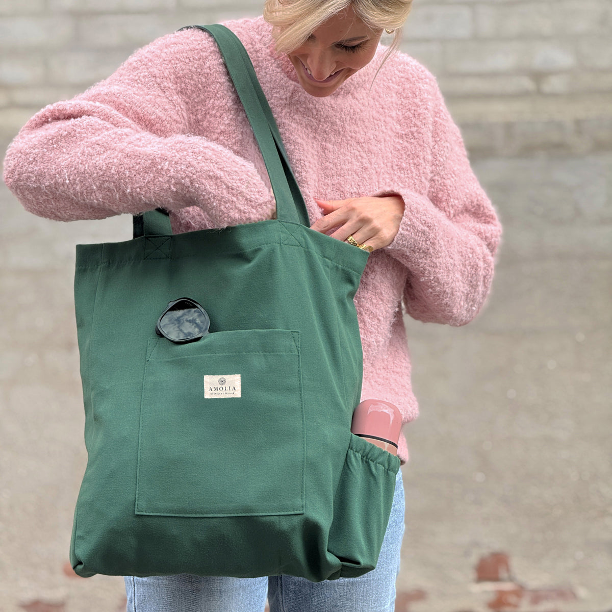 Upcycled mulepose med flaskeholder, grøn