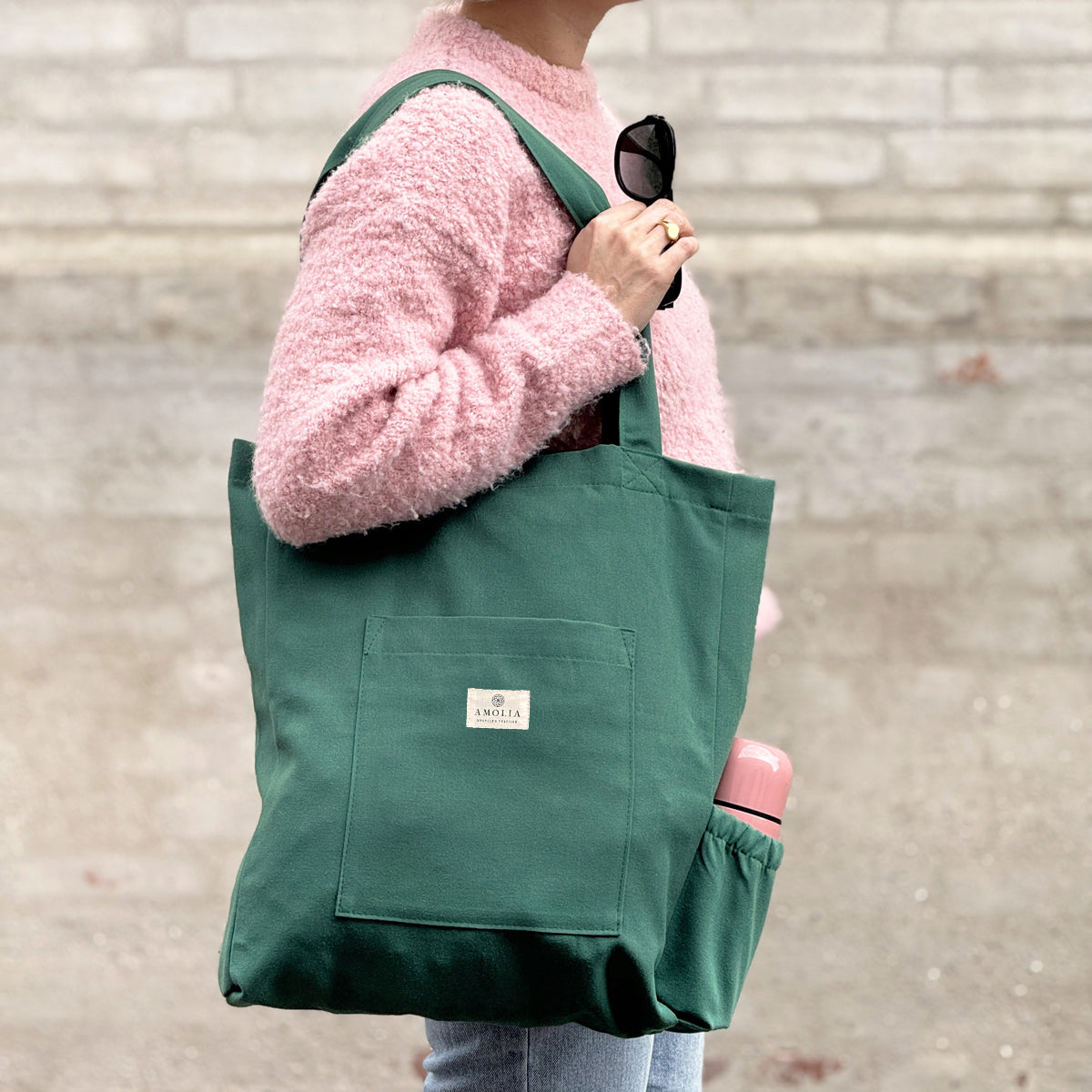 Upcycled mulepose med flaskeholder, grøn