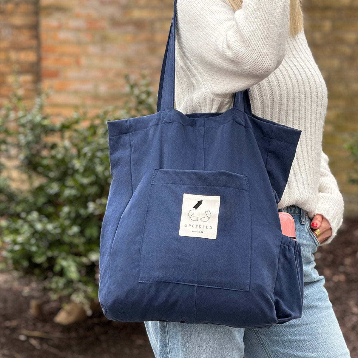 Upcycled tote bag with bottle holder, navy blue