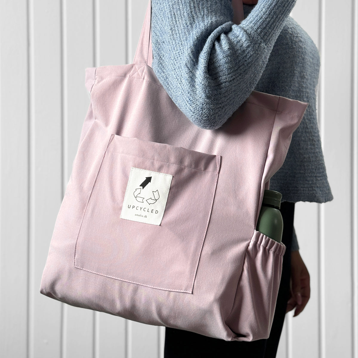 Upcycled tote bag with bottle holder, pastel pink